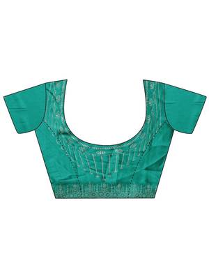 teal embellished saree with unstitched blouse piece 2