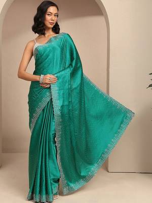 teal embellished saree with unstitched blouse piece 3