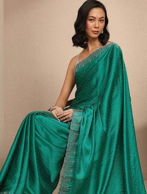 teal embellished saree with unstitched blouse piece 4