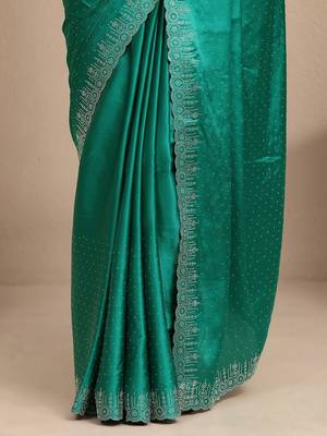 teal embellished saree with unstitched blouse piece 5