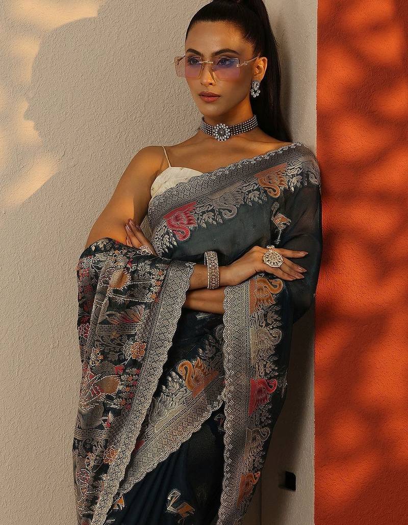 teal woven design organza saree with unstitched blouse piece