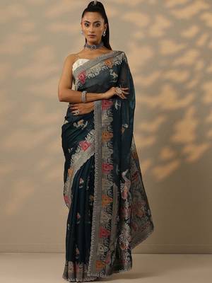 teal woven design organza saree with unstitched blouse piece 2