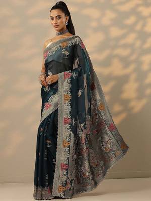 teal woven design organza saree with unstitched blouse piece 3