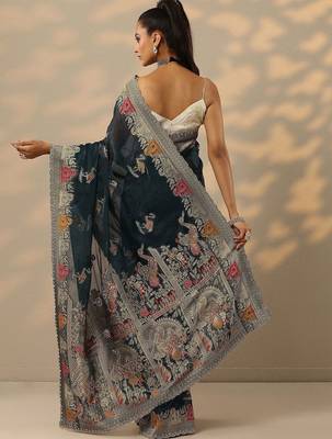 teal woven design organza saree with unstitched blouse piece 4