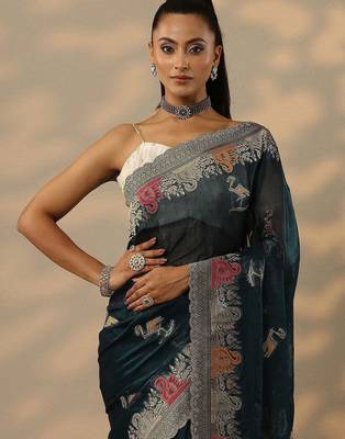 teal woven design organza saree with unstitched blouse piece 5