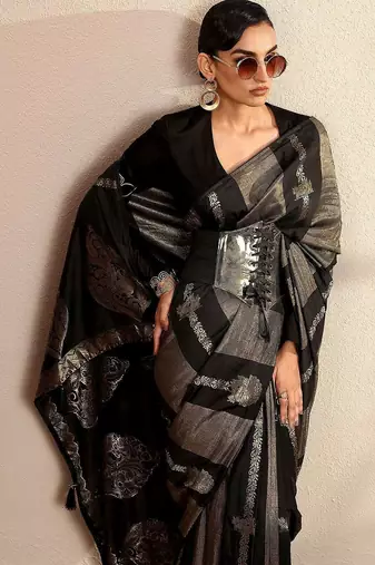 black woven design banarsi saree with unstitched blouse piece
