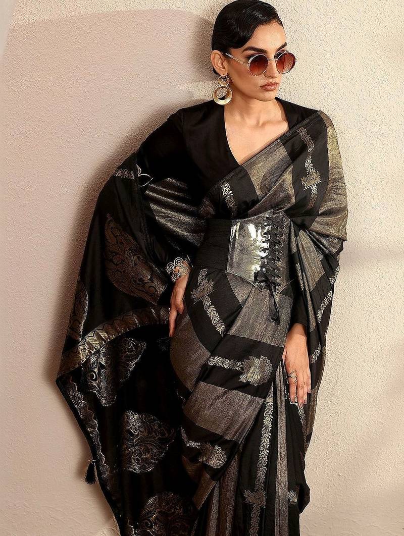 black woven design banarsi saree with unstitched blouse piece