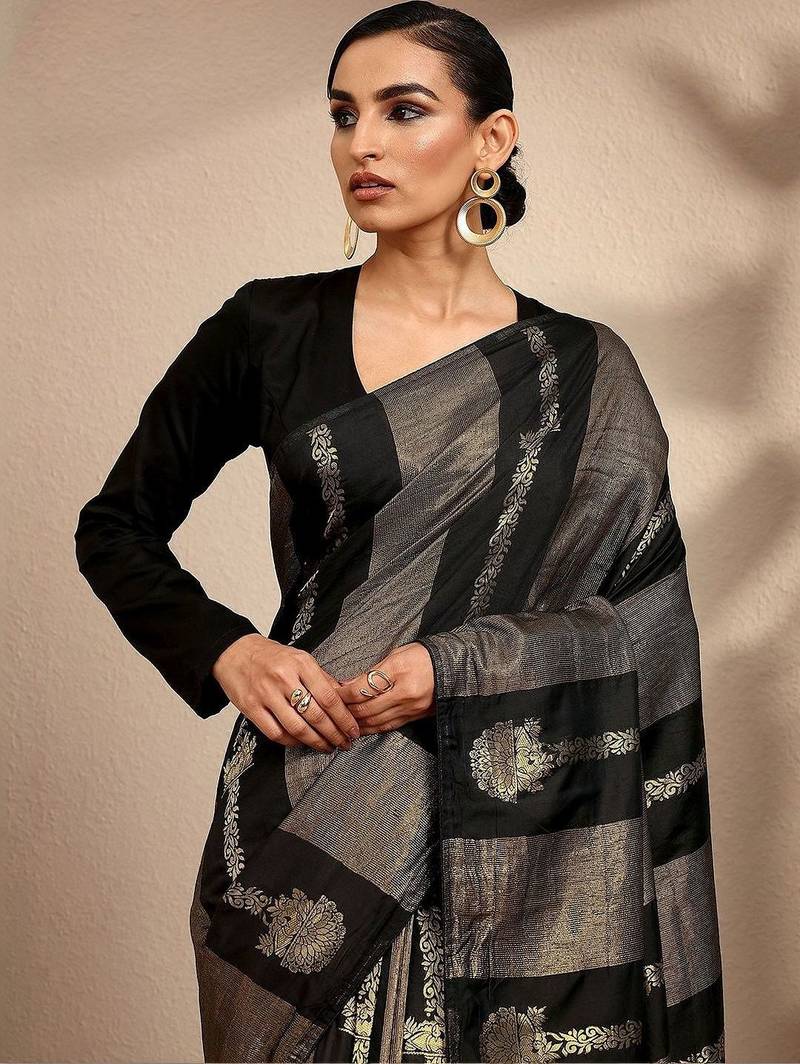 black woven design banarsi saree with unstitched blouse piece