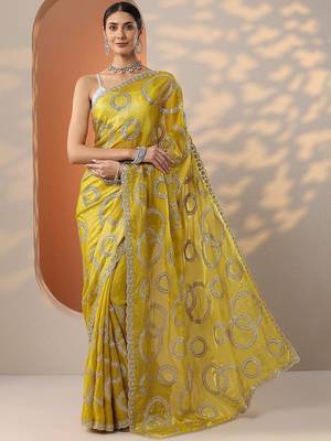 yellow embroidered organza saree with unstitched blouse piece 1
