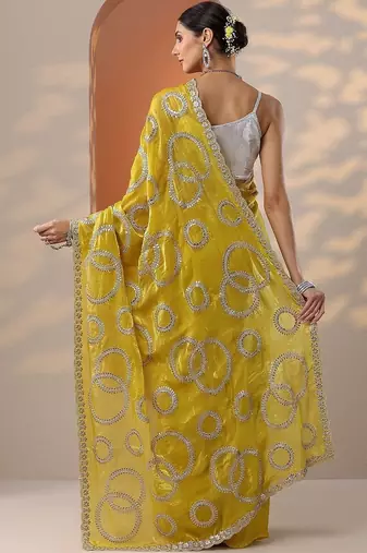 yellow embroidered organza saree with unstitched blouse piece