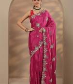 pink embroidered saree with unstitched blouse piece