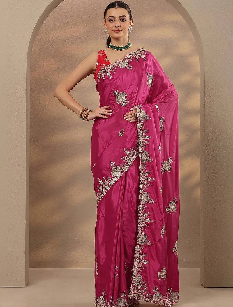 pink embroidered saree with unstitched blouse piece