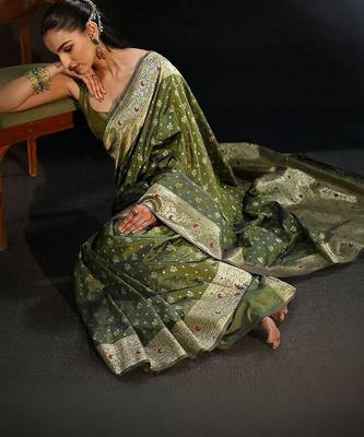 olive banarasi silk blend saree 1