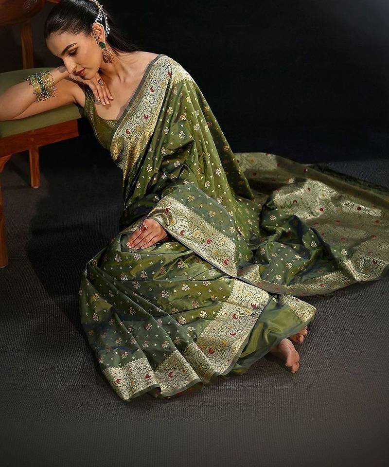 olive banarasi silk blend saree