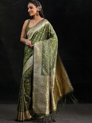 olive banarasi silk blend saree 2