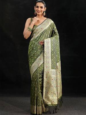 olive banarasi silk blend saree 3