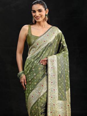 olive banarasi silk blend saree 4