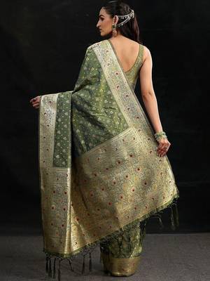 olive banarasi silk blend saree 5