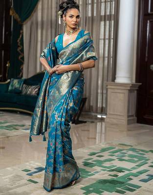 blue woven design saree with unstitched blouse piece 2