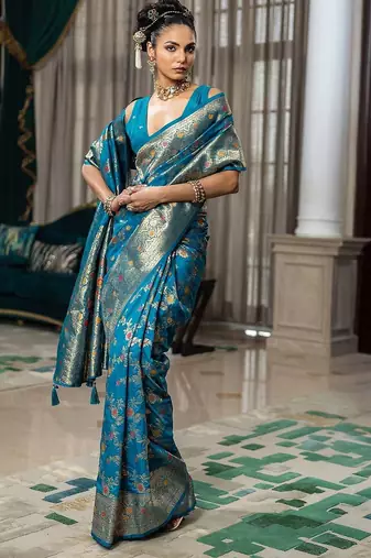 blue woven design saree with unstitched blouse piece