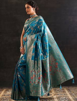 blue woven design saree with unstitched blouse piece 3