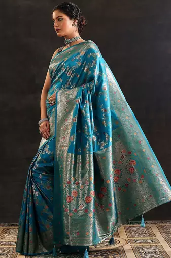 blue woven design saree with unstitched blouse piece