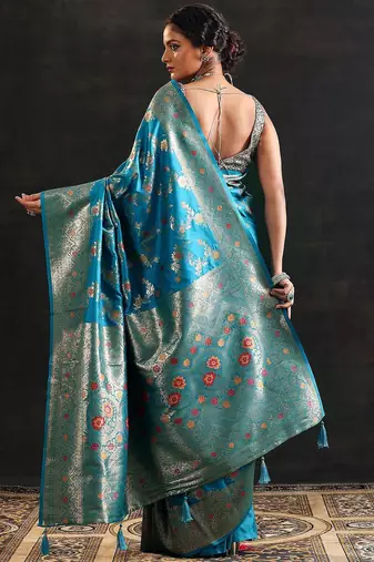blue woven design saree with unstitched blouse piece