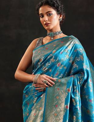 blue woven design saree with unstitched blouse piece 5