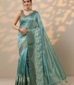 teal embroidered saree with unstitched blouse piece