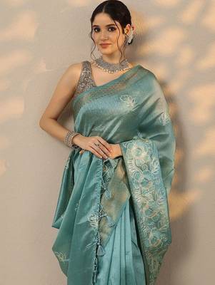 teal embroidered saree with unstitched blouse piece 2