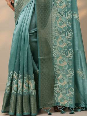 teal embroidered saree with unstitched blouse piece 3