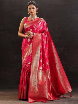 pink woven design saree with unstitched blouse piece 1