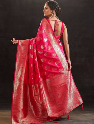 pink woven design saree with unstitched blouse piece 2
