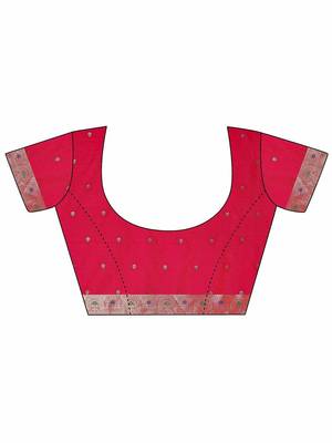 pink woven design saree with unstitched blouse piece 4