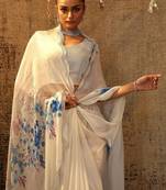 off white printed satin saree with unstitched blouse piece