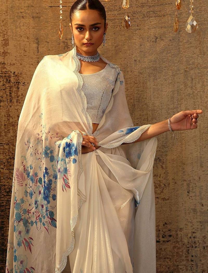 off white printed satin saree with unstitched blouse piece