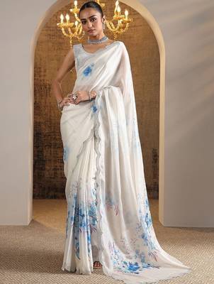 off white printed satin saree with unstitched blouse piece 2