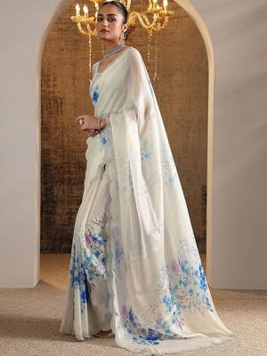 off white printed satin saree with unstitched blouse piece 3