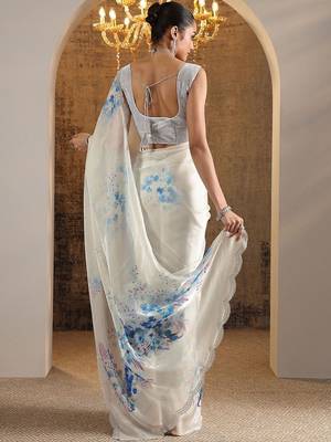 off white printed satin saree with unstitched blouse piece 4