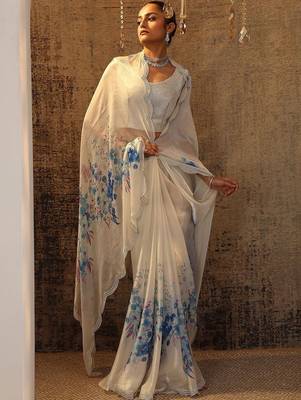 off white printed satin saree with unstitched blouse piece 5