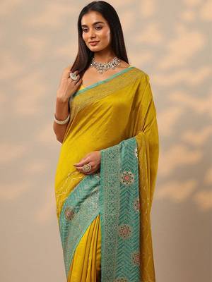 yellow embellished saree with unstitched blouse piece 5