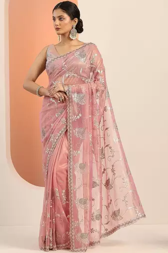 pink embroidered nylon saree with unstitched blouse piece