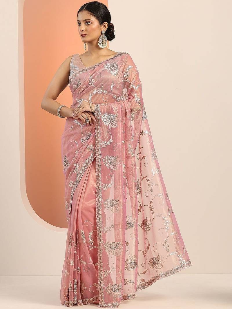 pink embroidered nylon saree with unstitched blouse piece