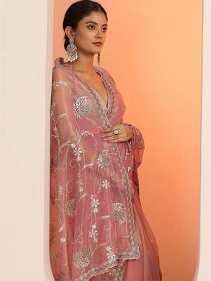 pink embroidered nylon saree with unstitched blouse piece 3