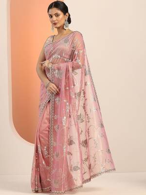 pink embroidered nylon saree with unstitched blouse piece 4