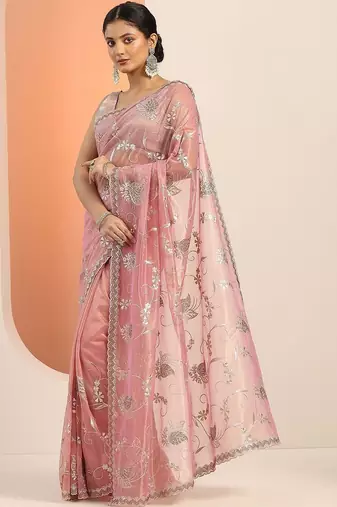 pink embroidered nylon saree with unstitched blouse piece