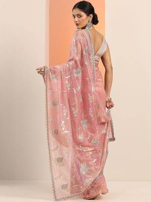 pink embroidered nylon saree with unstitched blouse piece 5