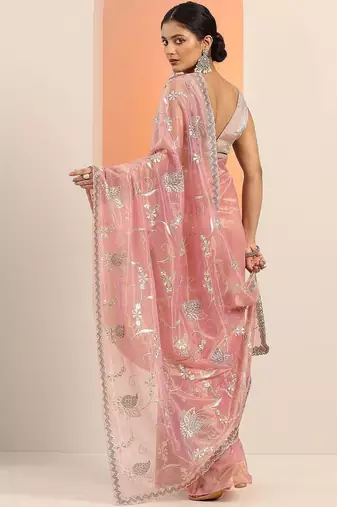 pink embroidered nylon saree with unstitched blouse piece