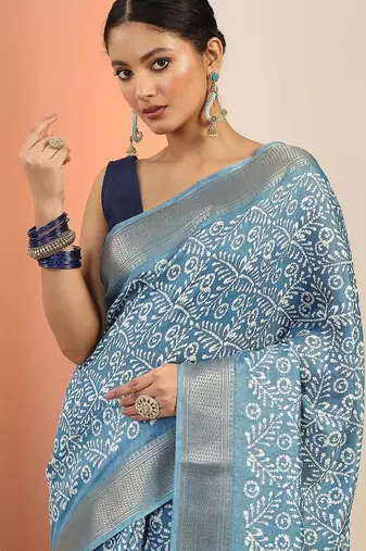 blue printed saree with unstitched blouse piece