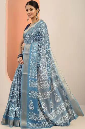 blue printed saree with unstitched blouse piece